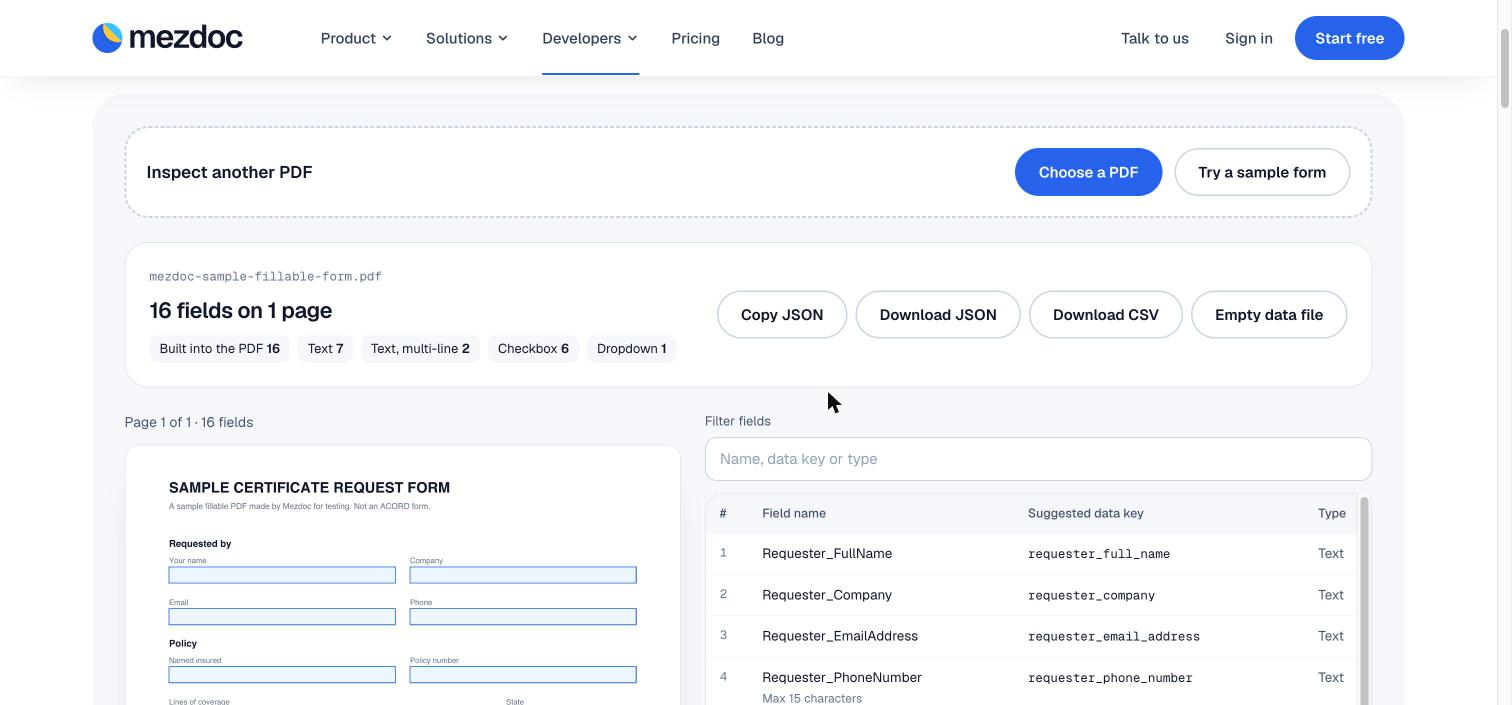 Free PDF form field inspector: every field in a fillable form, with suggested data keys (demo data, not customer results)