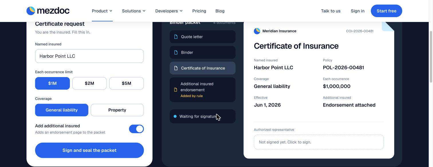Certificate of insurance filled from the request, waiting for signature in the browser (demo data, not customer results)