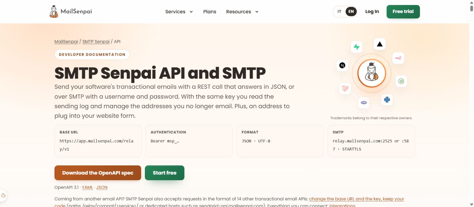 SMTP Senpai developer documentation: HTTPS API, authenticated SMTP and STARTTLS on ports 587 and 2525. Public page, no credentials or customer data.