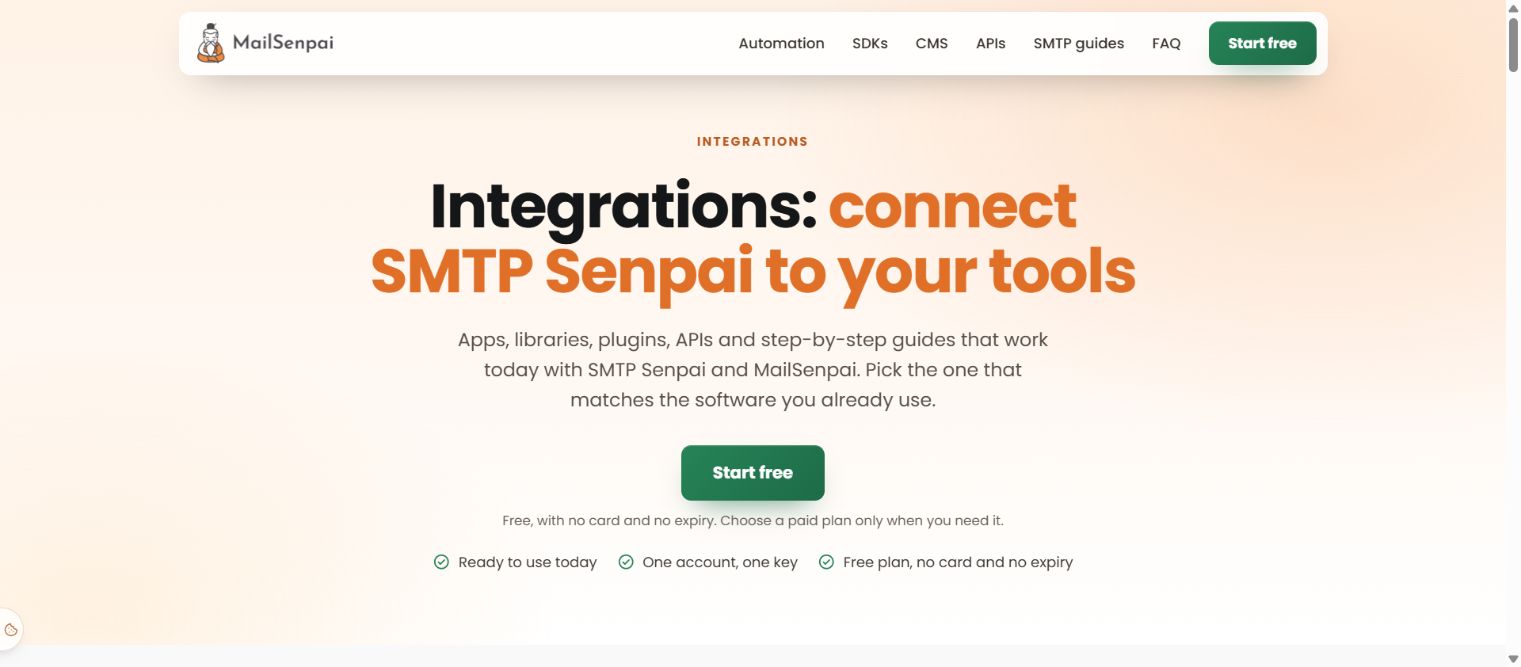 Public integrations hub for SMTP Senpai: plugins, SDKs, APIs and setup guides. The individual entries distinguish available packages, generic SMTP setup and tested routes.