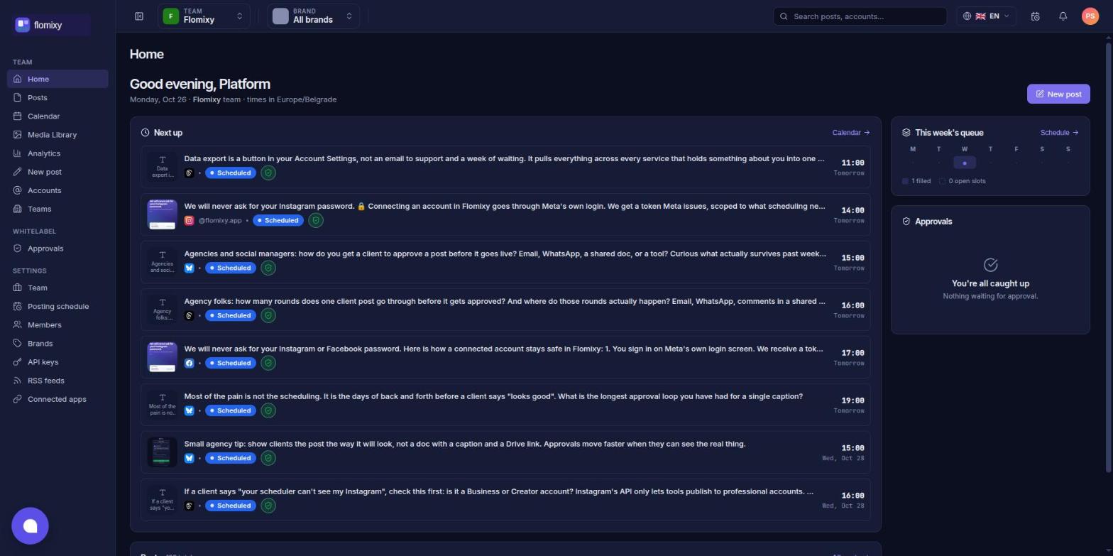 Agency home: upcoming posts across brands and pending client approvals